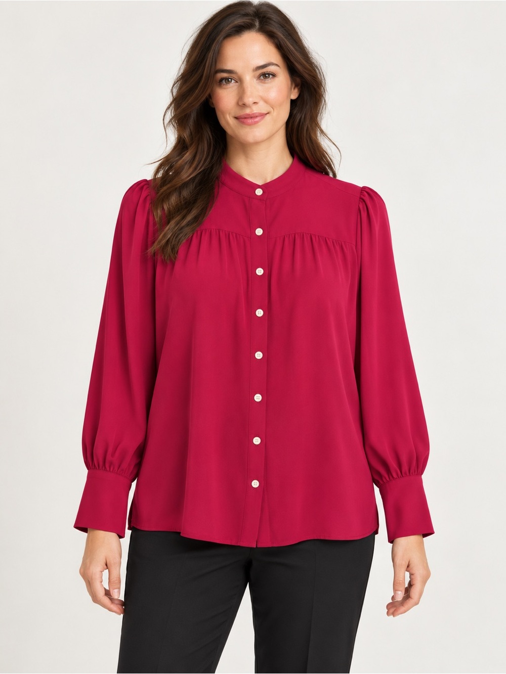 LOFT Raspberry-Pink Button Front Mandarin Collar Blouse